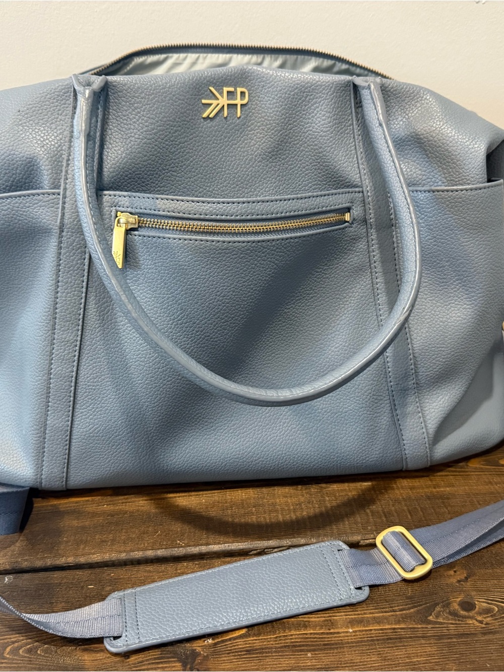 Freshly Picked Dusty Blue Pebbled Leather Weekender with Shoulder Strap